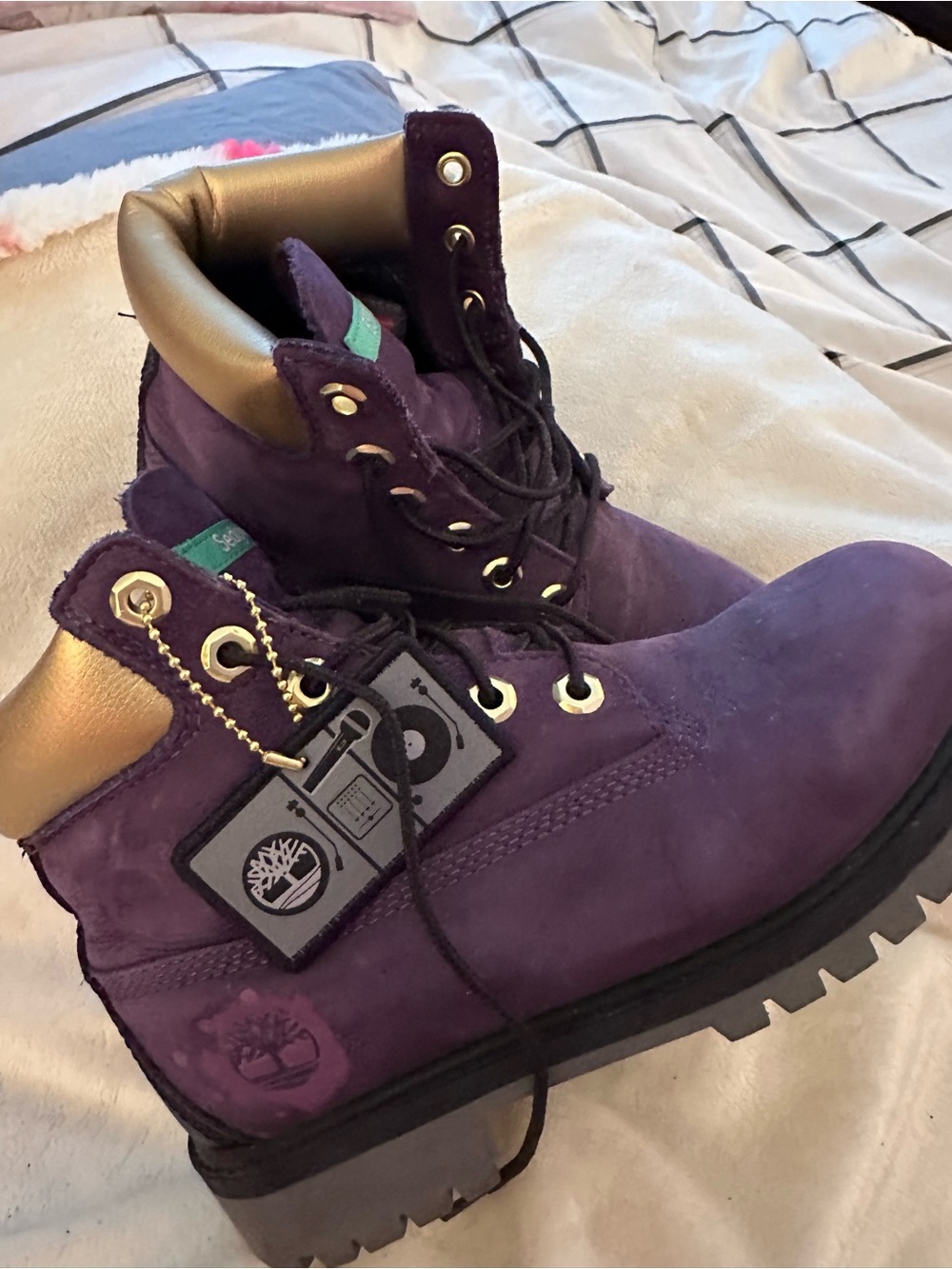 Timberland Purple Suede Kids Lace-Up Boots with Gold Collar